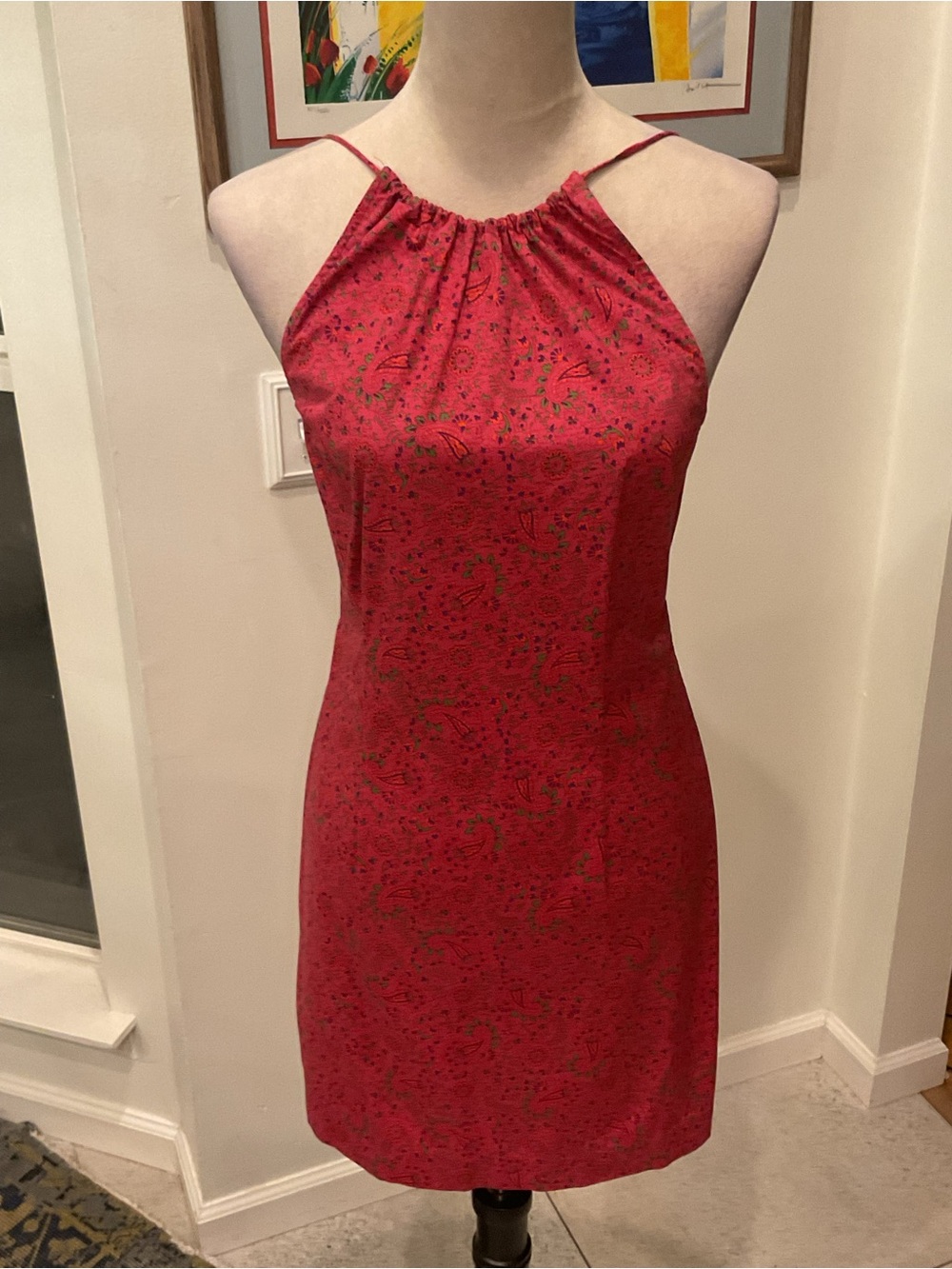 Ralph Lauren Cotton Red Halter Mini Dress with Subtle Print